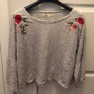 Hollister Striped Floral Embroidered Blouse